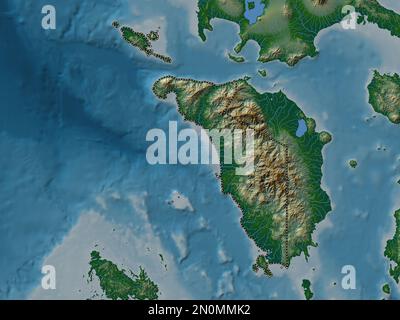 Occidental Mindoro, province of Philippines. Colored elevation map with lakes and rivers Stock Photo