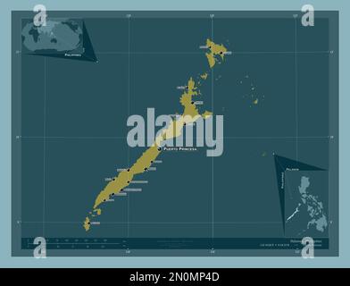 Palawan, province of Philippines. Solid color shape. Locations and names of major cities of the region. Corner auxiliary location maps Stock Photo