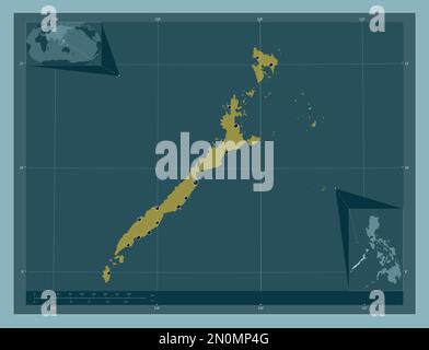 Palawan, province of Philippines. Solid color shape. Locations of major cities of the region. Corner auxiliary location maps Stock Photo