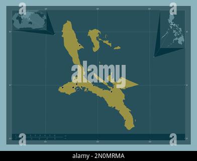 Quezon, province of Philippines. Solid color shape. Locations of major cities of the region. Corner auxiliary location maps Stock Photo