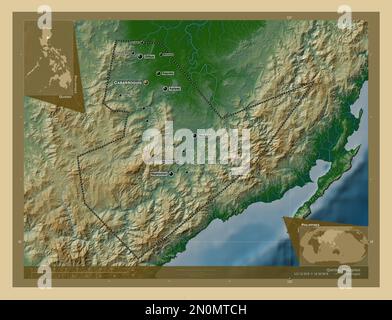 Quirino, province of Philippines. Colored elevation map with lakes and rivers. Locations and names of major cities of the region. Corner auxiliary loc Stock Photo