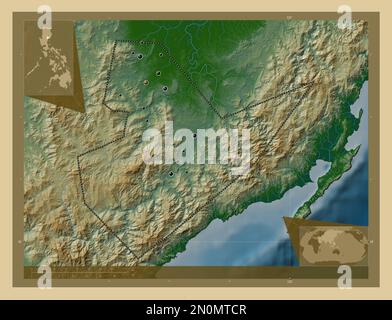 Quirino, province of Philippines. Colored elevation map with lakes and rivers. Locations of major cities of the region. Corner auxiliary location maps Stock Photo