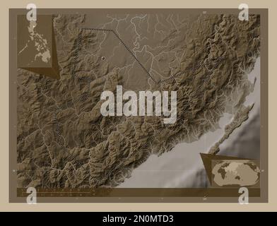 Quirino, province of Philippines. Elevation map colored in sepia tones with lakes and rivers. Corner auxiliary location maps Stock Photo