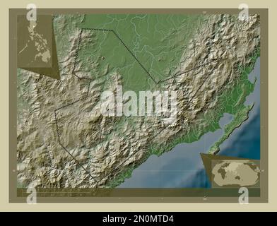 Quirino, province of Philippines. Elevation map colored in wiki style with lakes and rivers. Corner auxiliary location maps Stock Photo