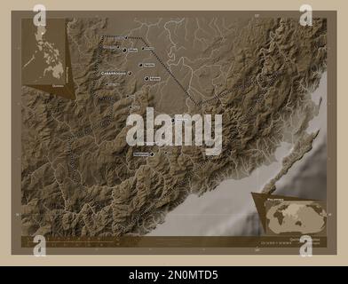 Quirino, province of Philippines. Elevation map colored in sepia tones with lakes and rivers. Locations and names of major cities of the region. Corne Stock Photo