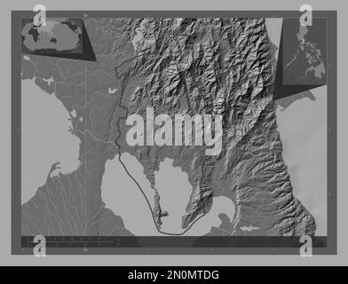 Rizal, province of Philippines. Bilevel elevation map with lakes and rivers. Corner auxiliary location maps Stock Photo