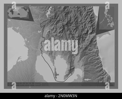 Rizal, province of Philippines. Grayscale elevation map with lakes and rivers. Corner auxiliary location maps Stock Photo