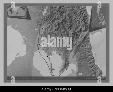 Rizal, province of Philippines. Grayscale elevation map with lakes and rivers. Locations and names of major cities of the region. Corner auxiliary loc Stock Photo