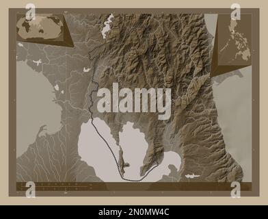 Rizal, province of Philippines. Elevation map colored in sepia tones with lakes and rivers. Corner auxiliary location maps Stock Photo