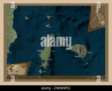 Romblon, province of Philippines. Low resolution satellite map. Locations and names of major cities of the region. Corner auxiliary location maps Stock Photo