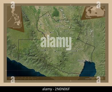 South Cotabato, province of Philippines. Low resolution satellite map. Locations and names of major cities of the region. Corner auxiliary location ma Stock Photo