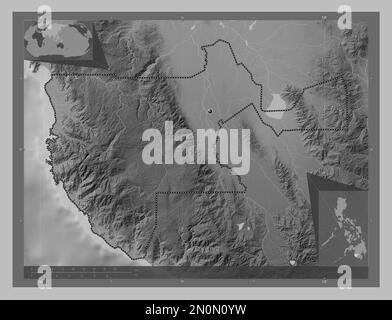 Sultan Kudarat, province of Philippines. Grayscale elevation map with lakes and rivers. Corner auxiliary location maps Stock Photo