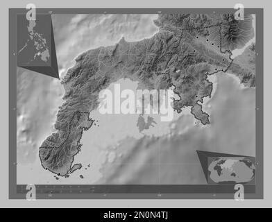 Zamboanga del Sur, province of Philippines. Grayscale elevation map with lakes and rivers. Locations of major cities of the region. Corner auxiliary l Stock Photo