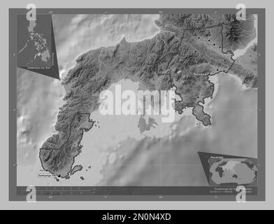 Zamboanga del Sur, province of Philippines. Grayscale elevation map with lakes and rivers. Locations and names of major cities of the region. Corner a Stock Photo