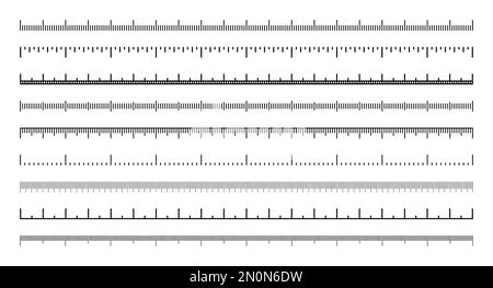 Various measurement scales with divisions. Realistic scale for measuring length or height in centimeters, millimeters or inches. Ruler, tape measure Stock Vector