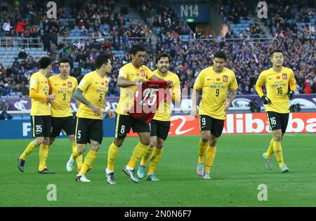 After scoring a goal, Guangzhou Evergrande FC's Paulinho of Brazil