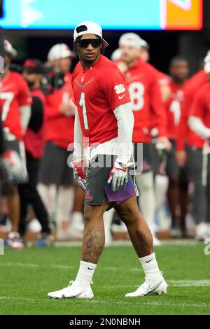 AFC wide receiver Ja'Marr Chase (1) of the Cincinnati Bengals gets set  before the snap during the flag football event at the Pro Bowl Games,  Sunday, Feb. 5, 2023, in Las Vegas. (