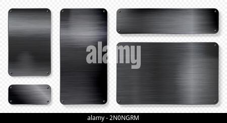 Realistic black metal banners collection. Brushed steel or aluminium plate, panel with screws. Polished metal surface. Old grunge texture with Stock Vector