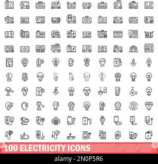 100 electricity icons set. Outline illustration of 100 electricity icons vector set isolated on white background Stock Vector