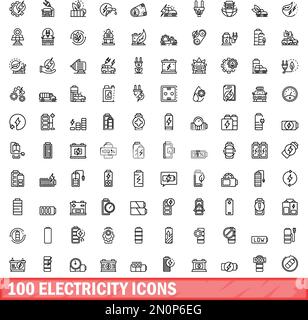 100 electricity icons set. Outline illustration of 100 electricity icons vector set isolated on white background Stock Vector