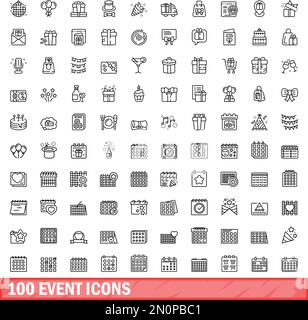 100 event icons set. Outline illustration of 100 event icons vector set isolated on white background Stock Vector