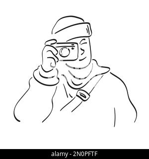 half length male photographer using compact camera illustration vector hand drawn isolated on white background line art. Stock Vector