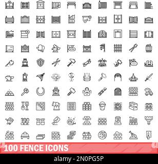 100 fence icons set. Outline illustration of 100 fence icons vector set isolated on white background Stock Vector