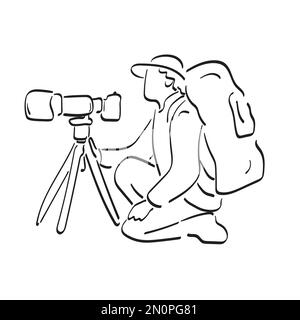 Professional travel photographer with camera big lens tripod illustration vector hand drawn isolated on white background line art. Stock Vector