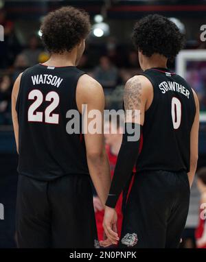 February 04 2023 Moraga, CA U.S.A. Gonzaga forward Anton Watson (22)and guard Julian Strawther (0) at mid court during a time out in the NCAA Men's Basketball game between Gonzaga Bulldogs and the Saint Mary's Gaels. Saint Mary's beat Gonzaga in overtime 78-70 at University Credit Union Pavilion Moraga Calif. Thurman James/CSM Stock Photo
