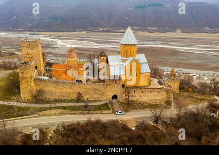 View from drone of ancient Ananuri Castle complex, Georgia Stock Photo