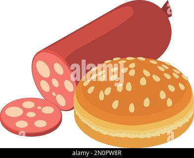 Burger ingredient icon isometric vector. Sesame burger bun near sausage stick. Fast food, unhealthy nutrition Stock Vector