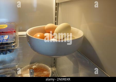 bowl of Fresh free range Chickens  eggs in a fridge Stock Photo