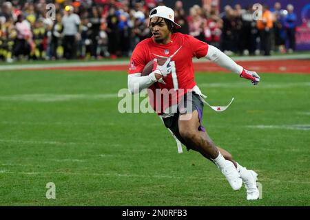 AFC wide receiver Ja'Marr Chase (1) of the Cincinnati Bengals gets set  before the snap during the flag football event at the Pro Bowl Games,  Sunday, Feb. 5, 2023, in Las Vegas. (