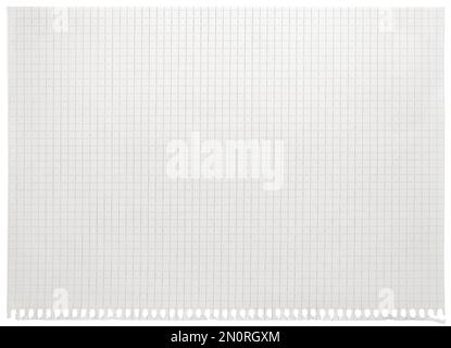 Checked spiral notebook page paper background, old aged white chequered ring binder sheet flat lay A4 copy space, isolated horizontal grey squared Stock Photo