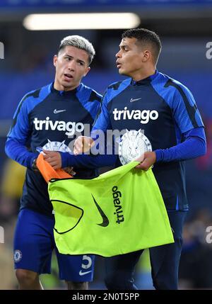 Thiago Silva and Enzo Fernandez of Chelsea are seen during the warm up - Chelsea v Fulham, Premier League, Stamford Bridge, London, UK - 3rd February 2023  Editorial Use Only - DataCo restrictions apply Stock Photo