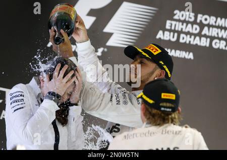 World champion Mercedes driver Lewis Hamilton of Britain, center