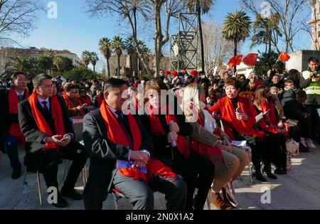 Rome, Italy. 05th Feb, 2023. Chinese ambassador (first row on the left) seen at the celebration of Chinese Lunar New Year in Rome, Italy, February 5, 2023. Sponsored by People's Republic of China's Government in cooperation with the Municipality of Rome and main Chinese Associations in Italy, the event celebrates the Year of the Rabbit and the Lantern Festival. (Photo by Elisa Gestri/Sipa USA) Credit: Sipa USA/Alamy Live News Stock Photo