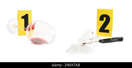 Crime scene investigation. Evidence identification markers and clues on white background Stock Photo