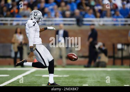 Oakland Raiders punter Marquette King (7) kicks during the second half of  an NFL football game against the Detroit Lions, Sunday, Nov. 22, 2015, in  Detroit. (AP Photo/Rick Osentoski Stock Photo - Alamy