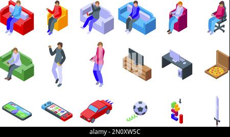 Men playing video games icons set isometric vector. Virtual gamer. Online game Stock Vector