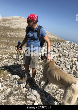 ULUDAG, BURSA, TURKEY - SEPTEMBER 20: Mountaineer and wild dog at Uludag National Park on September 20, 2017 in Bursa, Turkey. Uludag is the highest mountain in Marmara Region. Stock Photo