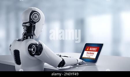 Robot using modish software application on the computer showing AI artificial intelligence and machine learning concept Stock Photo