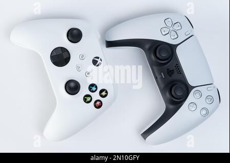 New york, USA - December 28, 2022: New generation controller of game consoles above top view isolated Stock Photo