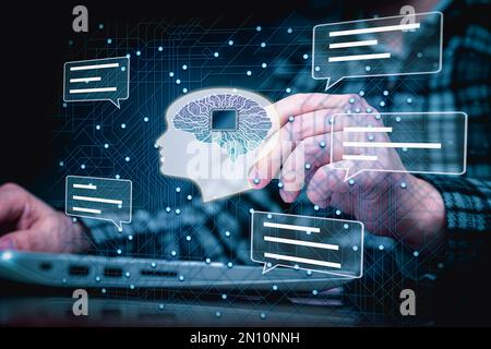 A man using artificial intelligence chatbot to talk to AI Stock Photo