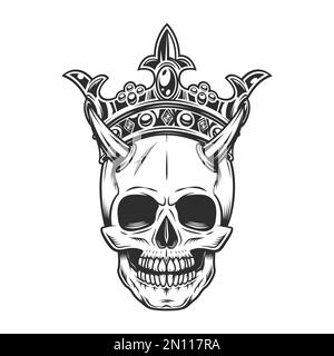 Skull with horns in king royal crown in vintage monochrome style illustration Stock Photo