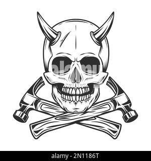 Skull with horns and body shop mechanic repair tool or construction builder hammer in vintage monochrome style illustration Stock Photo