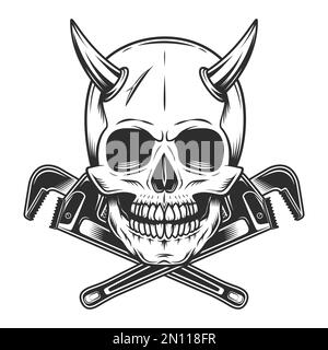 Skull with horns and construction wrench for gas and builder plumbing pipe wrench or body shop mechanic spanner repair tool in vintage monochrome Stock Photo