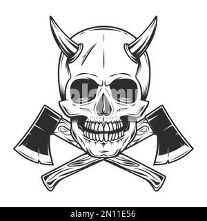 Skull with horns wood lumberjack or construction builder axe in vintage monochrome style vector illustration Stock Vector
