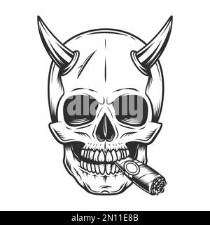 Skull with horns smoking cigar or cigarette smoke in vintage monochrome style vector illustration Stock Vector