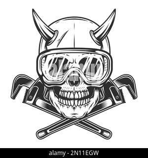 Skull with horns in safety glasses and construction wrench for gas and builder plumbing pipe wrench or body shop mechanic spanner repair tool Stock Vector